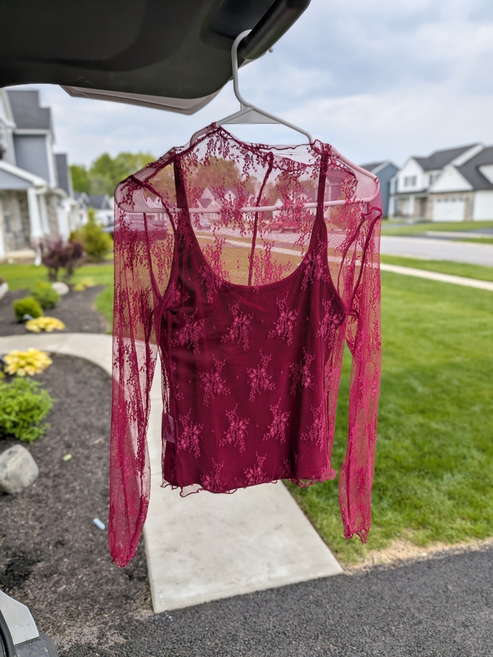 Sheer Lace Long Sleeve Tank Top - Wine/Burgundy